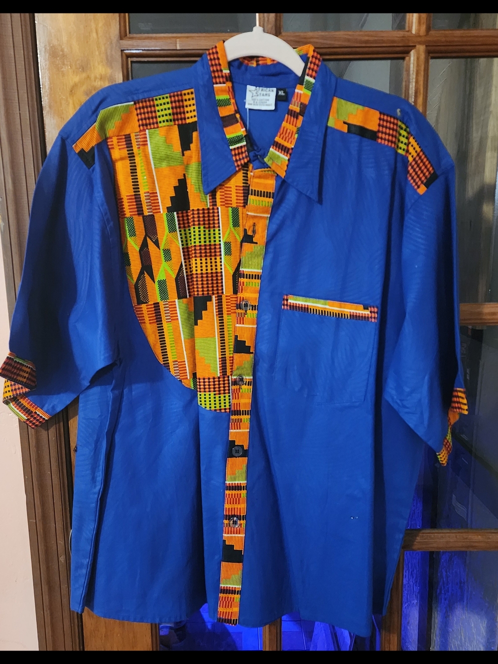 Blue Short-Sleeve Dress Shirt with Kente Accent